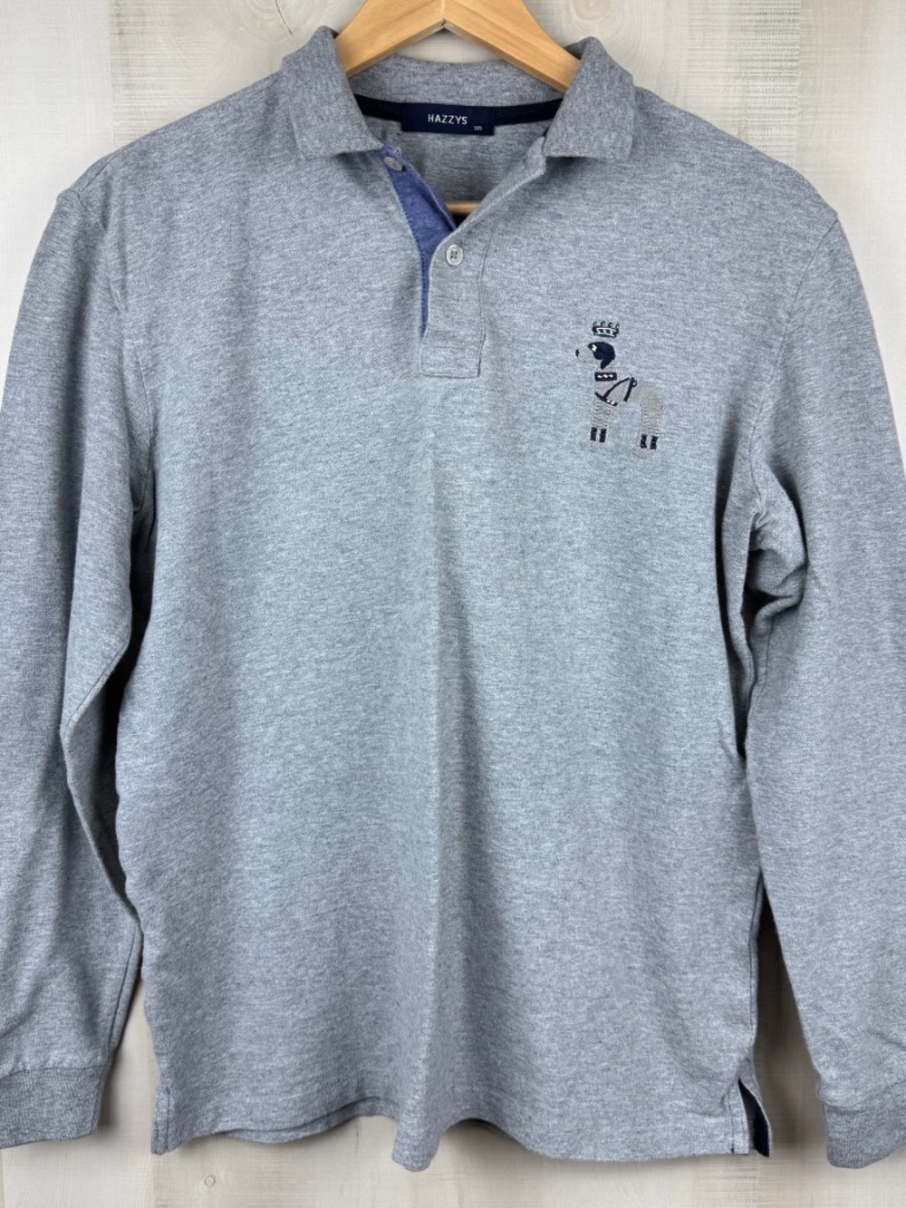 Hazzys Men’s Long Sleeve Polo Shirt Gray Embroidered Dog Wth Crown Logo Small